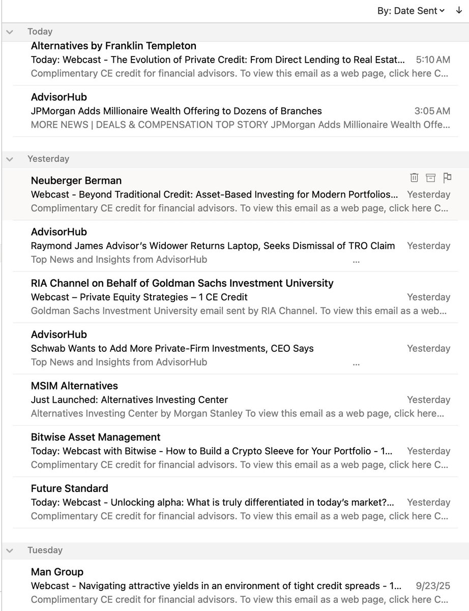 JohnRKamprath's tweet image. The unrelenting and ubiquitous marketing of private investments to RIAs for the mass affluent continues. 
How might this end?
#ExitLiquidity #HotelCalifornia #RestaurantAtTheEndOfTheUniverse