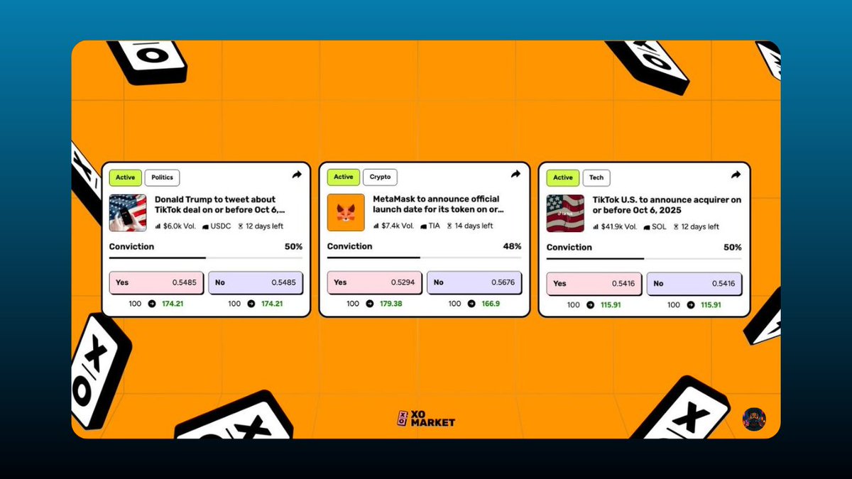 web3_colonel's tweet image. new markets on @xodotmarket

+ will @realDonaldTrump tweet about the TikTok U.S deal on or before Oct 6

+ will @MetaMask announce a token launch date on or before Oct 8

+ will @tiktok_us reveal their U.S acquirer on or before Oct 6

go trade your convictions or predictions ❌⭕️