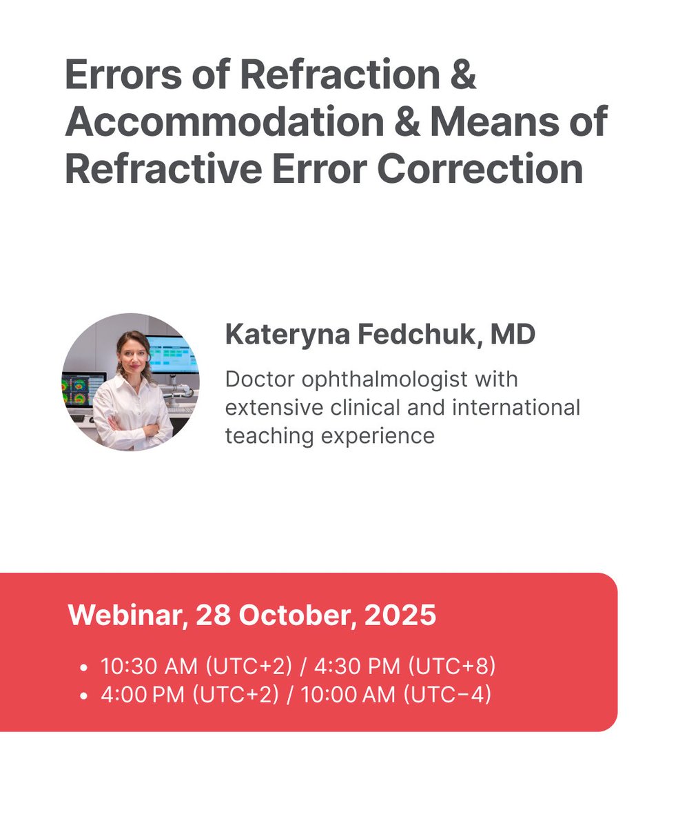 WEBINAR
📆October 28

Join one of our sessions with Kateryna Fedchuk on Errors of Refraction and Accommodation &amp; Means of Refractive Error Correction.

Register now! ➡️ eu1.hubs.ly/H0nmbFy0

#eyecare #ophthalmology