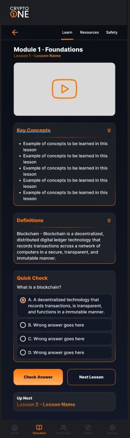 Onecryptoapp's tweet image. Here’s a first look at our modular in-app training. #crypto #one #learning