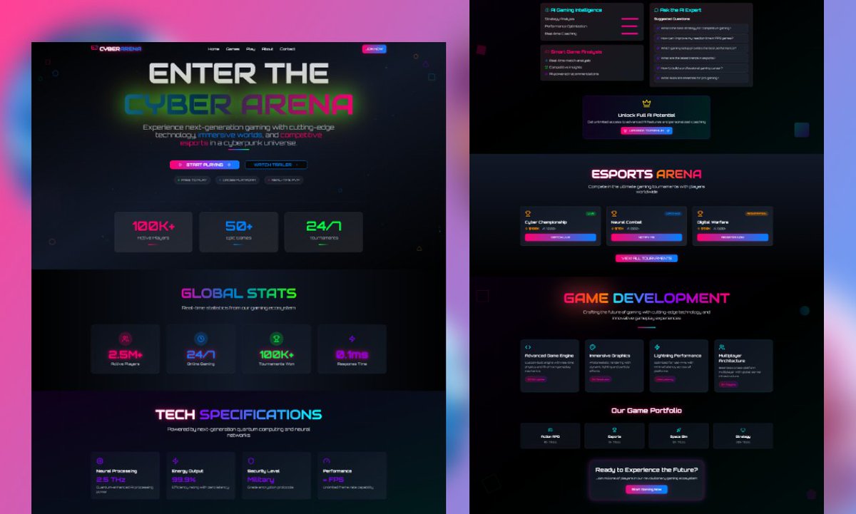 Mrbill__UIUX's tweet image. Just finished designing Cyber Arena, a sleek gaming website crafted in Figma with autolayouts. I used custom Radix color palettes to bring a bold, immersive look to the design