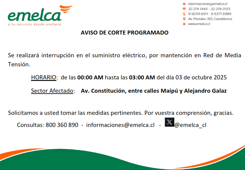 Emelca_cl's tweet photo. Estimado cliente, se informa corte programado:
📅 Día viernes 03 de octubre de 2025
🕘 Desde las 00:00 AM hasta las 03:00 AM
🔌 Recuerde desenchufar los electrodomésticos https://t.co/79KaZfGpBE