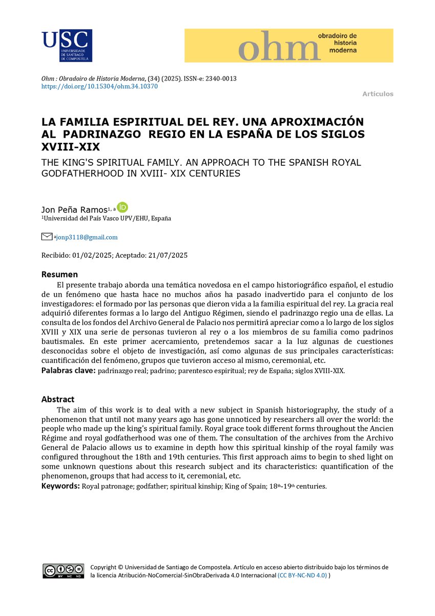 Hace pocas semanas se publicó mi último y trabajo en Obradoiro de Historia Moderna. Este artículo es un primer acercamiento a la compleja cuestión del padrinazgo espiritual regio.
revistas.usc.gal/index.php/ohm/…
