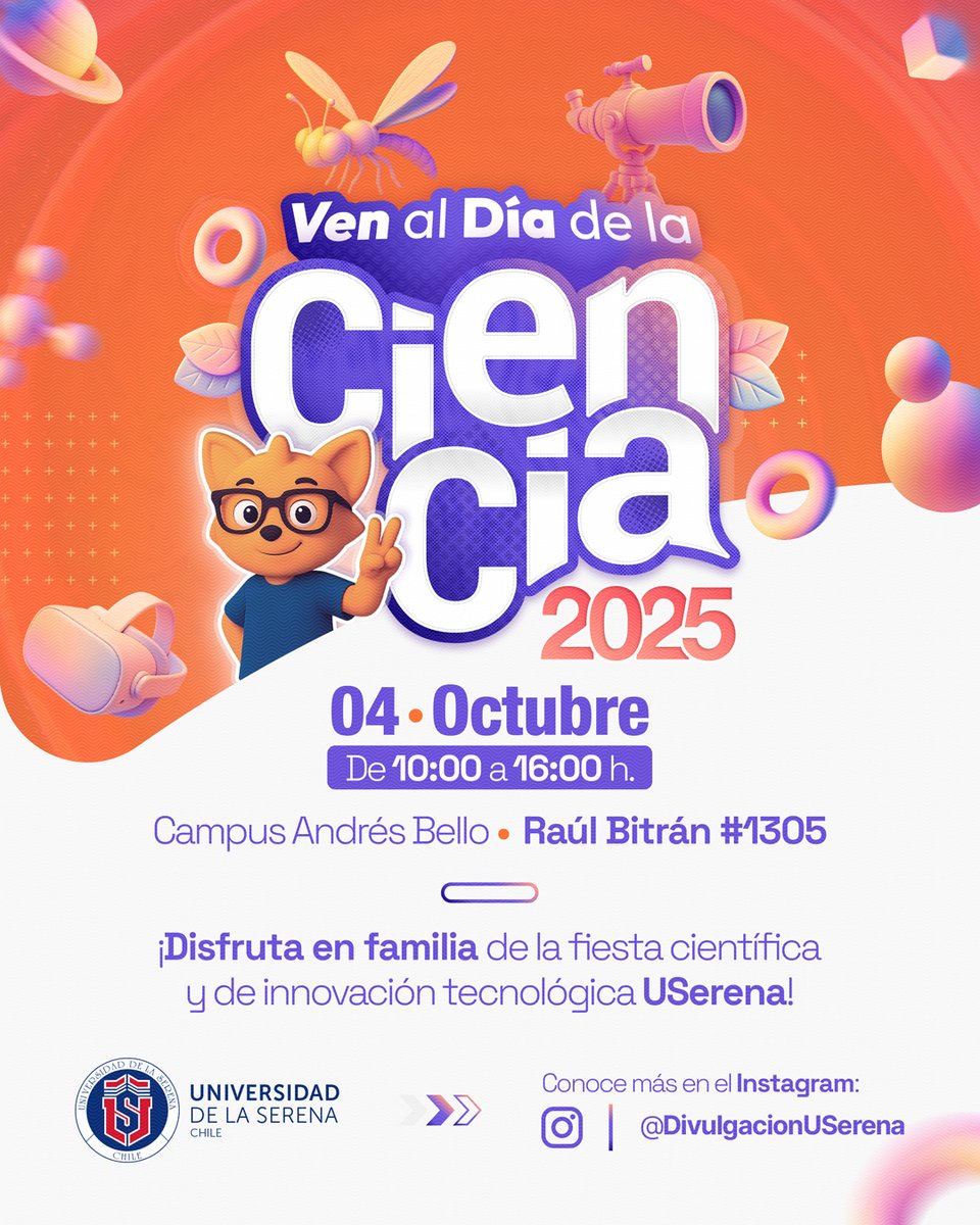 vripuserena's tweet image. ¡Atención familias de la Región de Coquimbo!
Ven al del Día de la Ciencia 2025 en la @userena 

👨‍👩‍👧‍👦 Vive una fiesta de conocimiento, innovación tecnológica y experimentos para toda la familia.