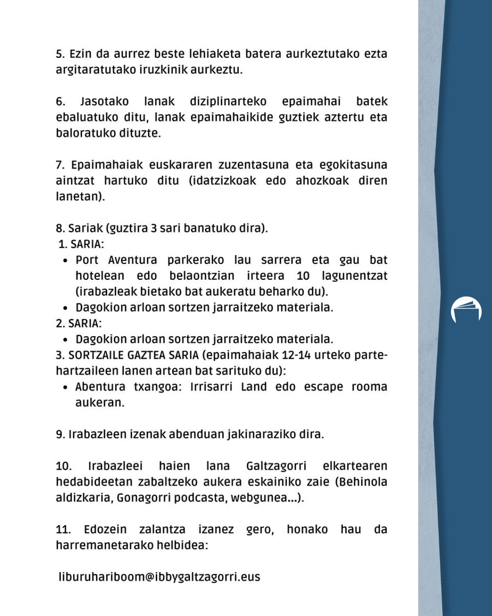 📚 12 eta 18 urte bitarteko gaztea zara eta euskaraz irakurtzea gustuko duzu?

Bidali zure gustuko irakurketa bati buruzko gomendioa. ✅

✨ Gomendioa egiteko arte-adierazpidea aukeratu dezakezu: idatzia, ilustratua, bideo bidezkoa… 

⏳ EPEA: 2025eko azaroaren 24ra arte
