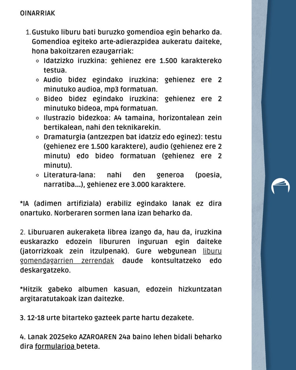 liburutegiak's tweet photo. 📚 ¿Eres joven de entre 12 y 18 años y te gusta leer en euskera?

Envía una recomendación sobre una lectura que te guste. ✅

✨ Puedes elegir la expresión artística para hacerla: escrita, ilustrada, por vídeo…

⏳ PLAZO: Hasta el 24 de noviembre de 2025 https://t.co/x8pXXUWFfV