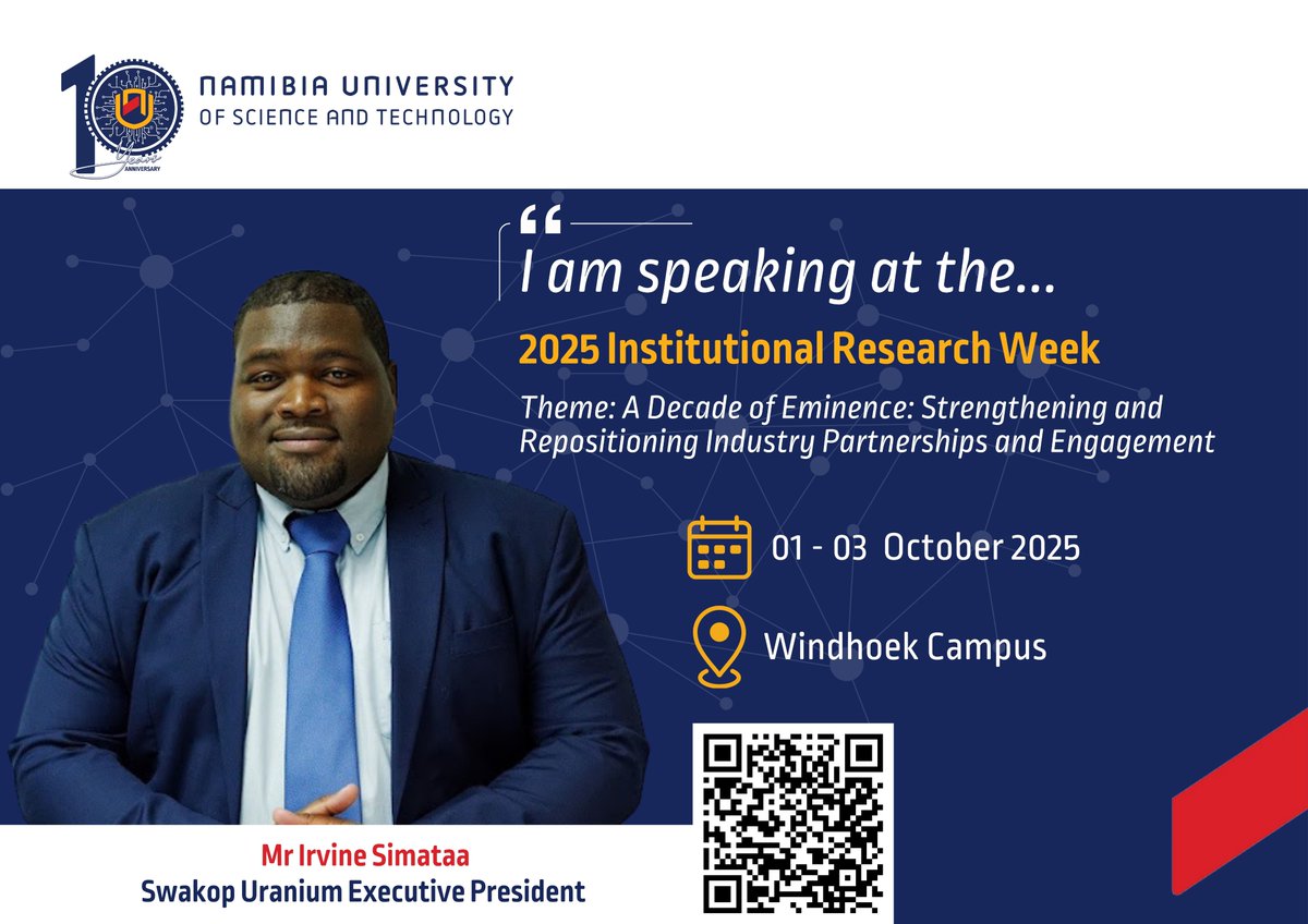 NUST_Namibia's tweet photo. Mr Irvine Simataa, a distinguished Namibian mining executive with over two decades of experience in the extractive sector, will take the stage at the 2025 Institutional Research Week.
🔗 https://t.co/HHFa6fXnSG
#NUSTResearchWeek
#NUSTen
#IChooseNUST
#ReinventingTheFuture https://t.co/dzlrEwSFyu