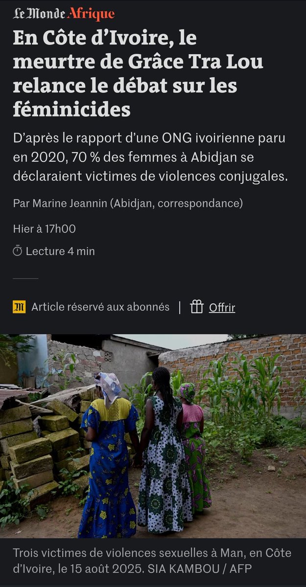 EN CÔTE D'IVOIRE🇨🇮 : LE MEURTRE DE GRÂCE TRA LOU RELANCE LES FÉMINICIDES
"...Des déclarations qui n’ont pas empêché les internautes de tenter de justifier le geste du meurtrier présumé. « Certains disent que la victime avait sûrement eu un mauvais comportement, et encouragent les