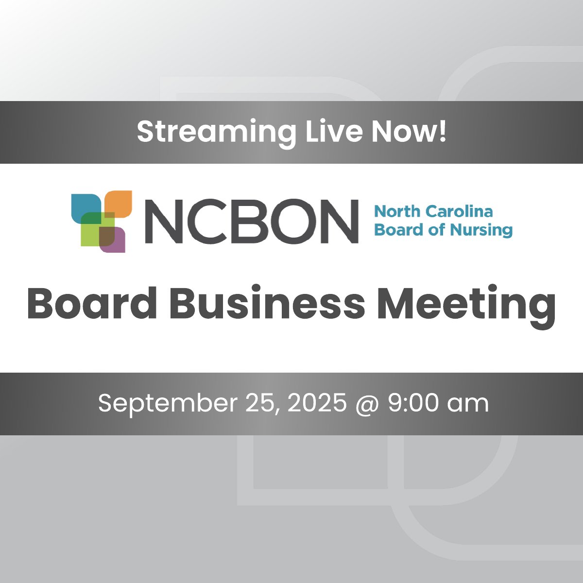 📺 Streaming Live Now!

NCBON September Board Business Meeting

Watch live on YouTube --> ncbon.info/BoardMeeting
#NCBON #BusinessMeeting2025