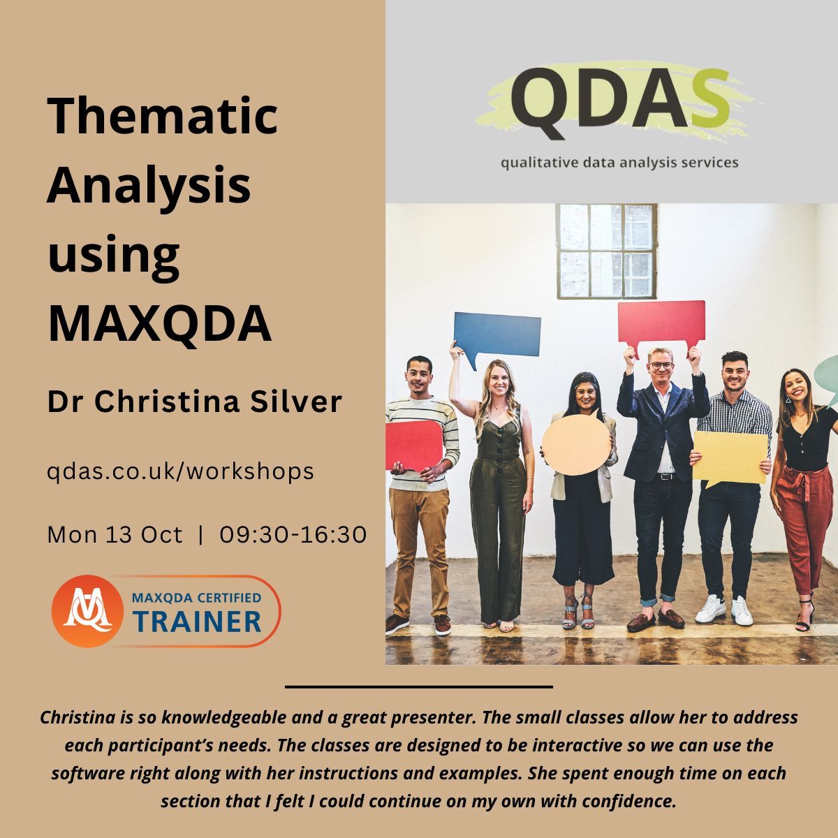 Christina_QDAS's tweet image. 13th October. Join our Thematic Analysis with MAXQDA course to learn how to use software tools to enact your method. For more info and to grab your spot, see buff.ly/3coUbho 
#QualitativeAnalysis #ThematicAnalysis #ReflexiveThematicAnalysis #RTA #Qualitative #MAXQDA #QDAS