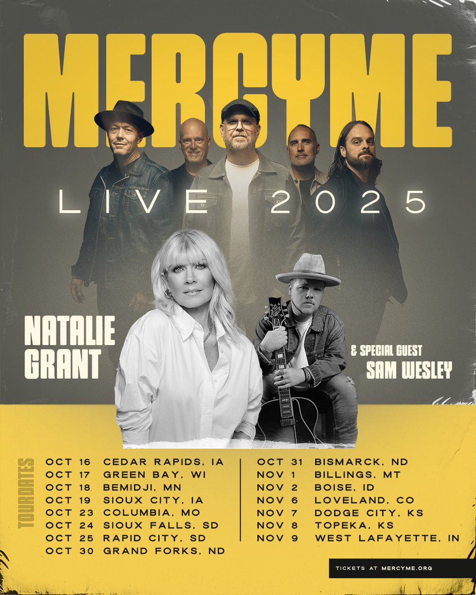 mercyme's tweet photo. Hey Colorado! We’ve got some news! @NatalieGrant will be joining us for our show at Blue Arena on Nov 6th! 🙌 You won’t want to miss it. Grab your tickets now at https://t.co/9XLFoEiLdS. We can’t wait to see you there! 

#MercyMeLive #MercyMeLive2025 #NatalieGrant #SamWesley https://t.co/APseQ525Df
