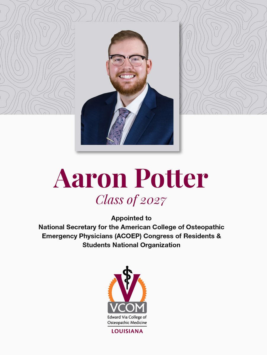 vcomlouisiana's tweet photo. 🎉Congratulations to Aaron Potter, Class of 2027, on his appointment to National Leadership Role with ACOEP 🎉
#vcomlouisiana #osteopathicmedicine #futuredos #vcomproud #acoep https://t.co/3AydbZmMTW