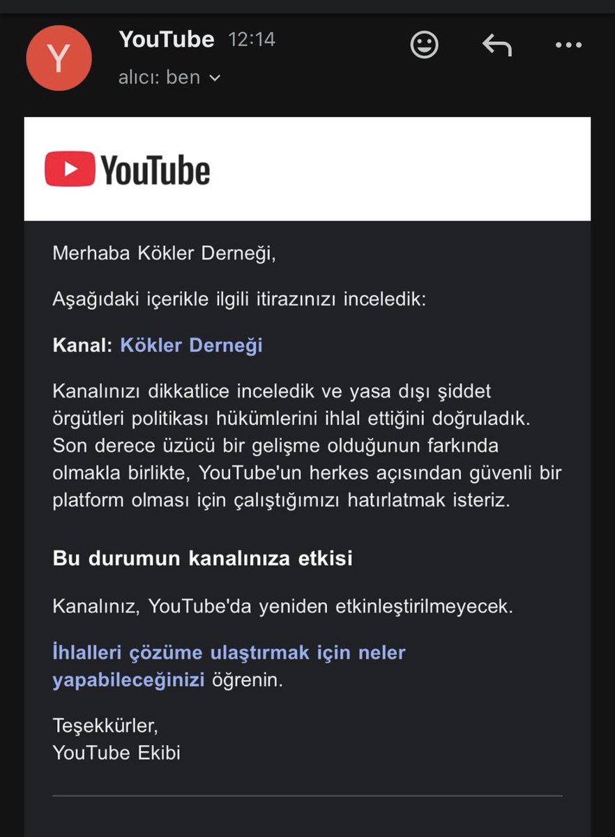 Kökler Derneği (@koklerdernegi) on Twitter photo Gönüldaşlarımıza!
Derneğimize ait YouTube kanalımız kapatılmıştır!
Terör devleti İsrail’in Başbakanı Netanyahu ile 45 milyon dolarlık anlaşmanın ardından ‘temizliğe’ başlayan YouTube, ‘terör’ bahanesiyle kanalımızı kapattı.
Yeni kanalımızı en kısa zamanda duyuracağız! Gönüldaşlarımıza!
Derneğimize ait YouTube kanalımız kapatılmıştır!
Terör devleti İsrail’in Başbakanı Netanyahu ile 45 milyon dolarlık anlaşmanın ardından ‘temizliğe’ başlayan YouTube, ‘terör’ bahanesiyle kanalımızı kapattı.
Yeni kanalımızı en kısa zamanda duyuracağız!