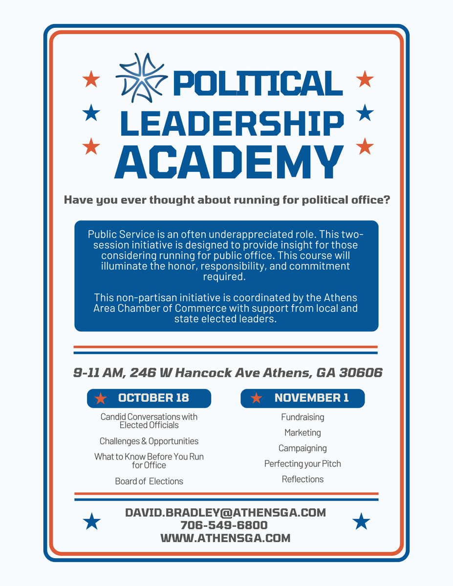 Thinking about running for political office?

The Athens-Area Chamber of Commerce is hosting a "political leadership academy" on October 18 and November 1. 

"Participants will gain professional training and insights on campaigning, fundraising, branding" and more.