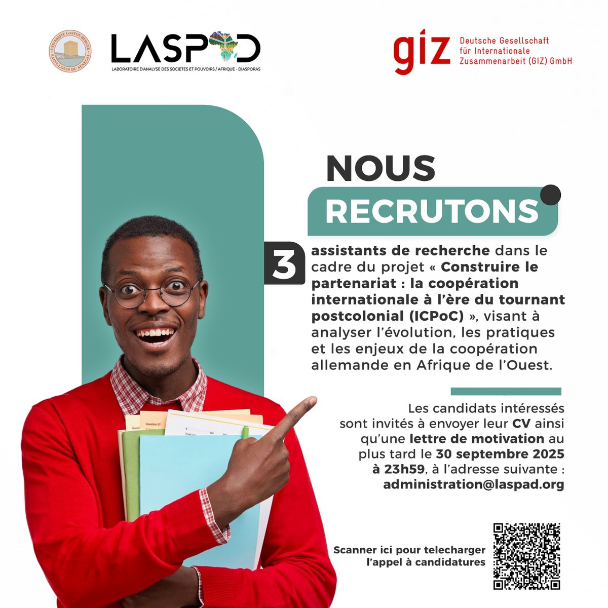 𝐀𝐩𝐩𝐞𝐥 𝐚̀ 𝐜𝐚𝐧𝐝𝐢𝐝𝐚𝐭𝐮𝐫𝐞𝐬 – 𝟑 𝐀𝐬𝐬𝐢𝐬𝐭𝐚𝐧𝐭·𝐞·𝐬 𝐝𝐞 𝐫𝐞𝐜𝐡𝐞𝐫𝐜𝐡𝐞 (𝐏𝐫𝐨𝐣𝐞𝐭 𝐈𝐂𝐏𝐨𝐂)

Appel complet ici : laspad.org/wp-content/upl…

#LASPAD #ICPoC #Recherche #Afrique #CoopérationInternationale