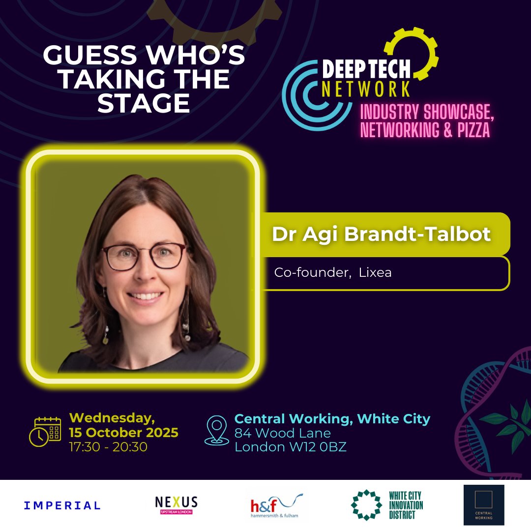 HelloUpstream's tweet image. We’re excited to reveal our first speaker for Deep Tech Network Industry Series: Dr Agnieszka Brandt-Talbot 👇
Join us for an evening of innovation, networking & pizza: lnkd.in/ds6wT8d3
#DeepTechNetwork #WestLondonInnovators #NEXUSWestLondon #WCID