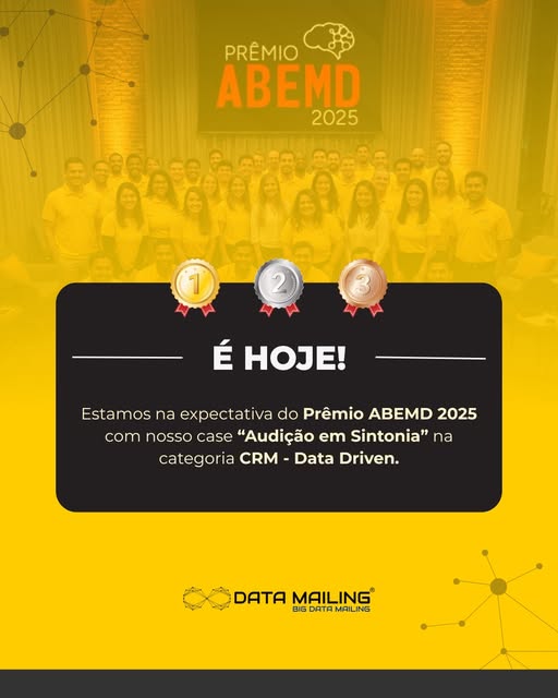 DATA_MAILING's tweet photo. Chegou o grande dia do Prêmio ABEMD 2025!

Estamos orgulhosos de estar entre os finalistas com nosso case “Audição em Sintonia: A Integração de Dados que Ampliou o Alcance da AudioNova” na categoria CRM - Data Driven.
Todo esforço e dedicação da equipe nos trouxe até aqui https://t.co/1ZsIlLW01j