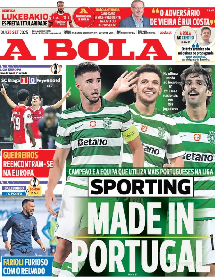 ActuSportsPT's tweet photo. Revue de presse :

🇵🇹 Sporting : le champion est l'équipe qui mise sur le plus sur les portugais.
🐉 Porto : tout pour la Ligue Europa face à Salzbourg.
⚔️ Braga : victoire 1-0 contre Feyenoord.
⚖️ Mourinho : plainte déposée par l’APAF.
🤾 Hand : Sporting battu 35-30 par Aalborg. https://t.co/vymRpjW8Qc