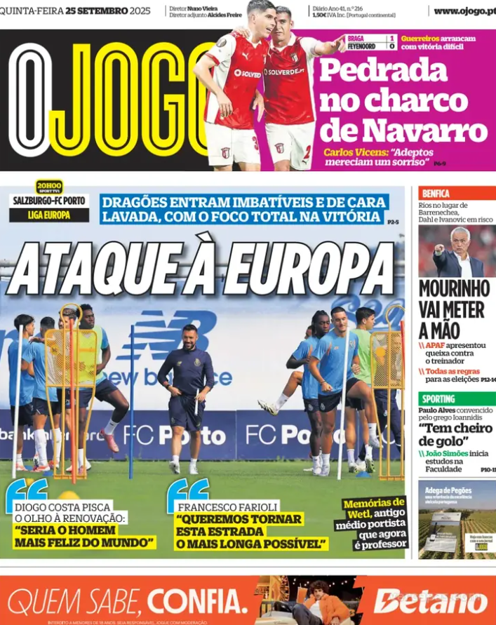ActuSportsPT's tweet photo. Revue de presse :

🇵🇹 Sporting : le champion est l'équipe qui mise sur le plus sur les portugais.
🐉 Porto : tout pour la Ligue Europa face à Salzbourg.
⚔️ Braga : victoire 1-0 contre Feyenoord.
⚖️ Mourinho : plainte déposée par l’APAF.
🤾 Hand : Sporting battu 35-30 par Aalborg. https://t.co/vymRpjW8Qc