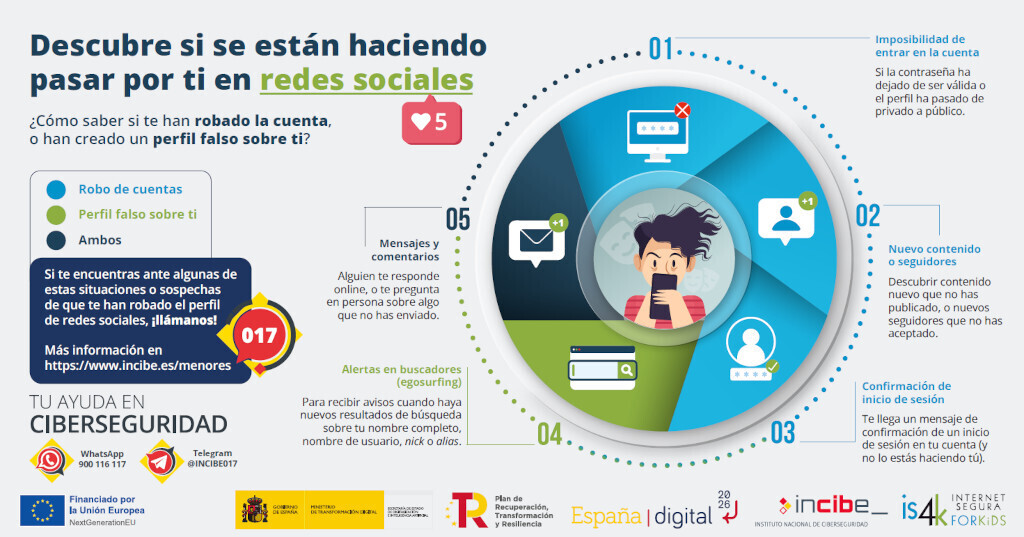 ¿Se están haciendo pasar por ti en #RedesSociales 📱?

Te mostramos las claves 👍 para entender si te han robado la cuenta 👾 o han creado un perfil falso sobre ti. ¡Ponte a salvo con la siguiente infografía 🛡️!

incibe.es/menores/temati…

#SuplantacionDeIdentidad #NextGenerationEU