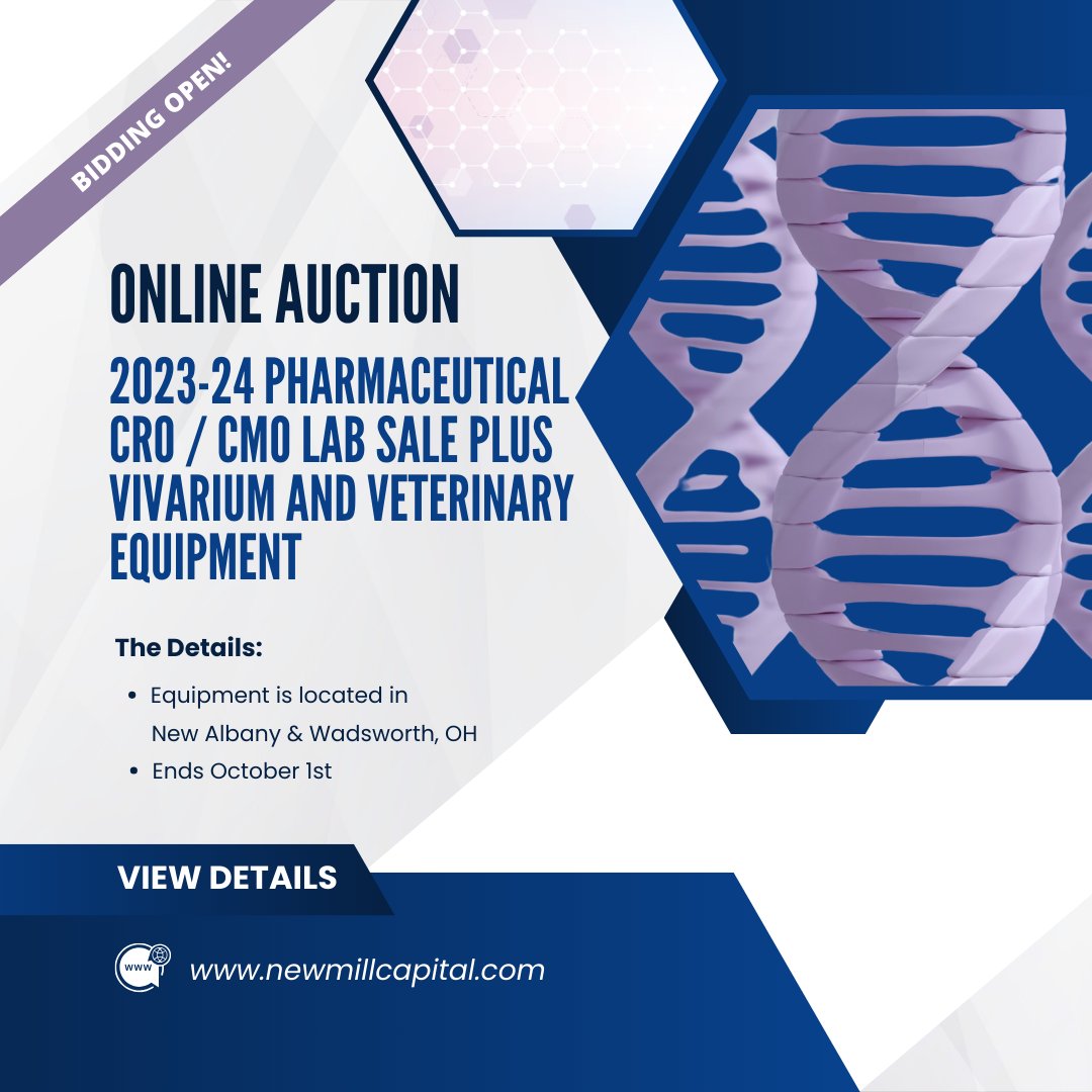 BIDDING OPEN - 2023-24 Pharmaceutical CRO / CMO Lab Sale Plus Vivarium and Veterinary Equipment Auction. ow.ly/WuVW50WQvmV #onlineauction #auction #laboratory #labscience #sciencelab #veterinary #vetequipment #CRO #CMO #usedequipment #newmillcapital