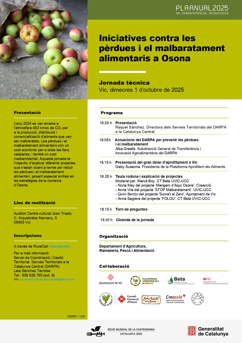 📌Jornada tècnica: Iniciatives contra les pèrdues i el malbaratament alimentaris a Osona. #PATT2025 

📍Vic 
🗓️ 1 d’octubre de 2025 
🕘 18.00 h

 ow.ly/fgez50X1iiO 

@Ajuntament de Vic @PAA- Plataforma Aprofitem els Aliments @Xarxa Productes de la Terra @Creacció @UVic