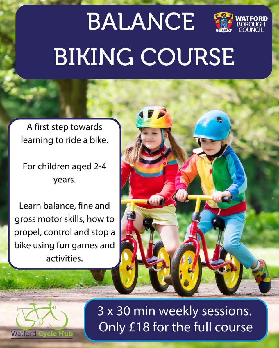 If you've recently visited the Mini Town, perhaps you'd like to give the children a bit of extra help with balance and brakes?

Starting Tuesday next week is our Balance Biking course - only £18 for 3 x 30-minute sessions
Information and booking:
watfordcyclehub.org.uk/kids-courses/