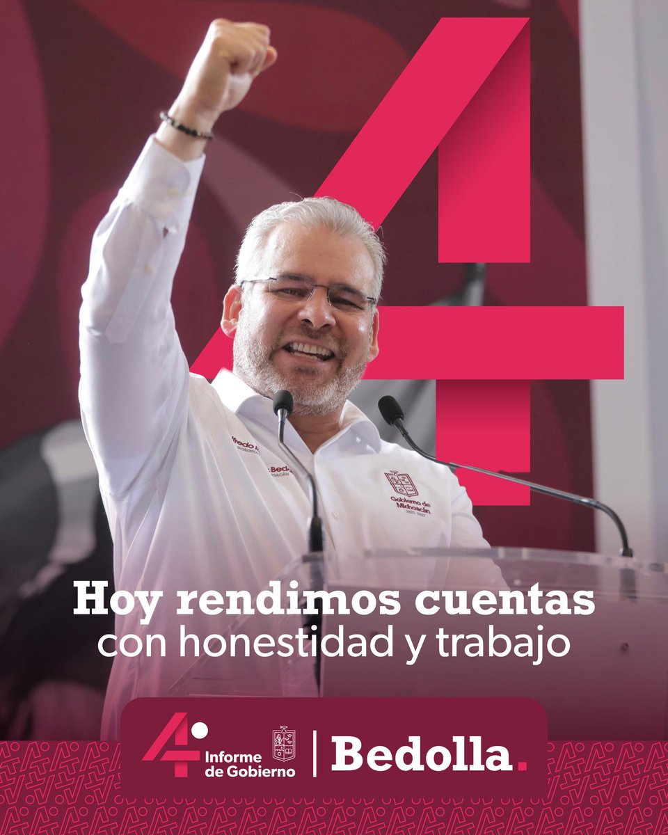 ¡Hoy Michoacán rinde cuentas! Acompaña al gobernador <a href="/ARBedolla/">Alfredo Ramírez Bedolla</a> a la entrega de su Cuarto Informe de Gobierno al H. Congreso de Michoacán. #4TInformeBedolla