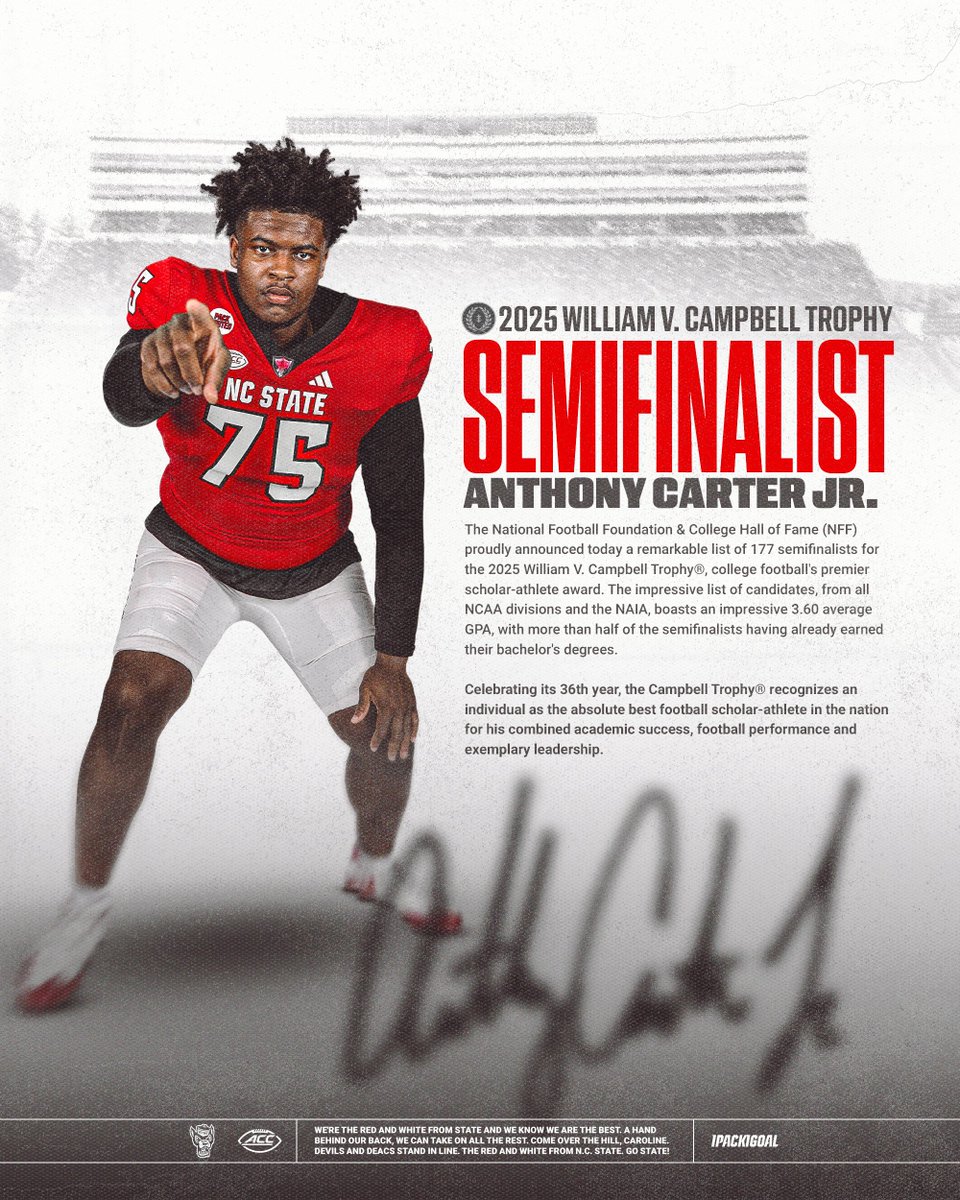 NC State Football (@packfootball) on Twitter photo Congrats to <a href="/thatman_ant/">Anthony Carter Jr</a> for being named a semifinalist for the prestigious Campbell Trophy.
The honor is awarded annually to the nation’s top scholar-athlete.
📰: tinyurl.com/2atphpkp Congrats to <a href="/thatman_ant/">Anthony Carter Jr</a> for being named a semifinalist for the prestigious Campbell Trophy.
The honor is awarded annually to the nation’s top scholar-athlete.
📰: tinyurl.com/2atphpkp