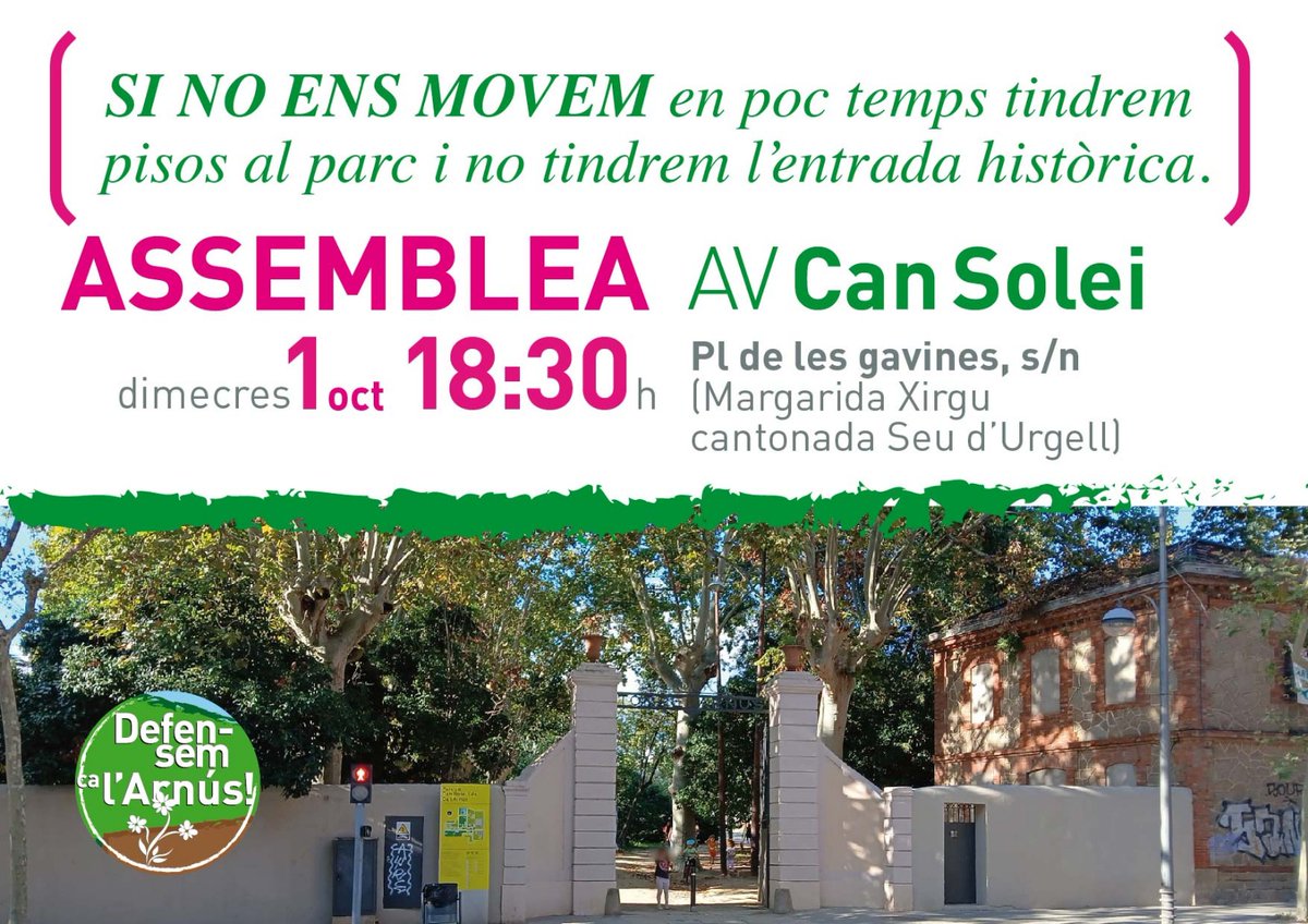 🔴 Fem una crida a la ciutadania i convoquem una Assemblea Oberta, per explicar els plans imminents d'edificació dels pisos dins del parc de Ca l'Arnús i acordar un pla d'acció per aturar-ho!

Prou espolis al patrimoni històric i natural de Badalona. NO VOLEM PISOS A CA L'ARNÚS❗
