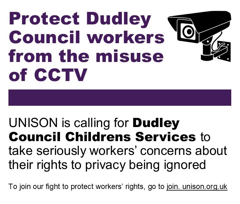 UNISON has serious concerns about <a href="/dudleymbc/">Dudley Council</a>'s Children's Services, where we have been told that CCTV has been used to listen to conversations between employees without their knowledge or permission.

This would be a breach of our members’ rights to privacy.
<a href="/unisonwestmids/">UNISON West Midlands</a>