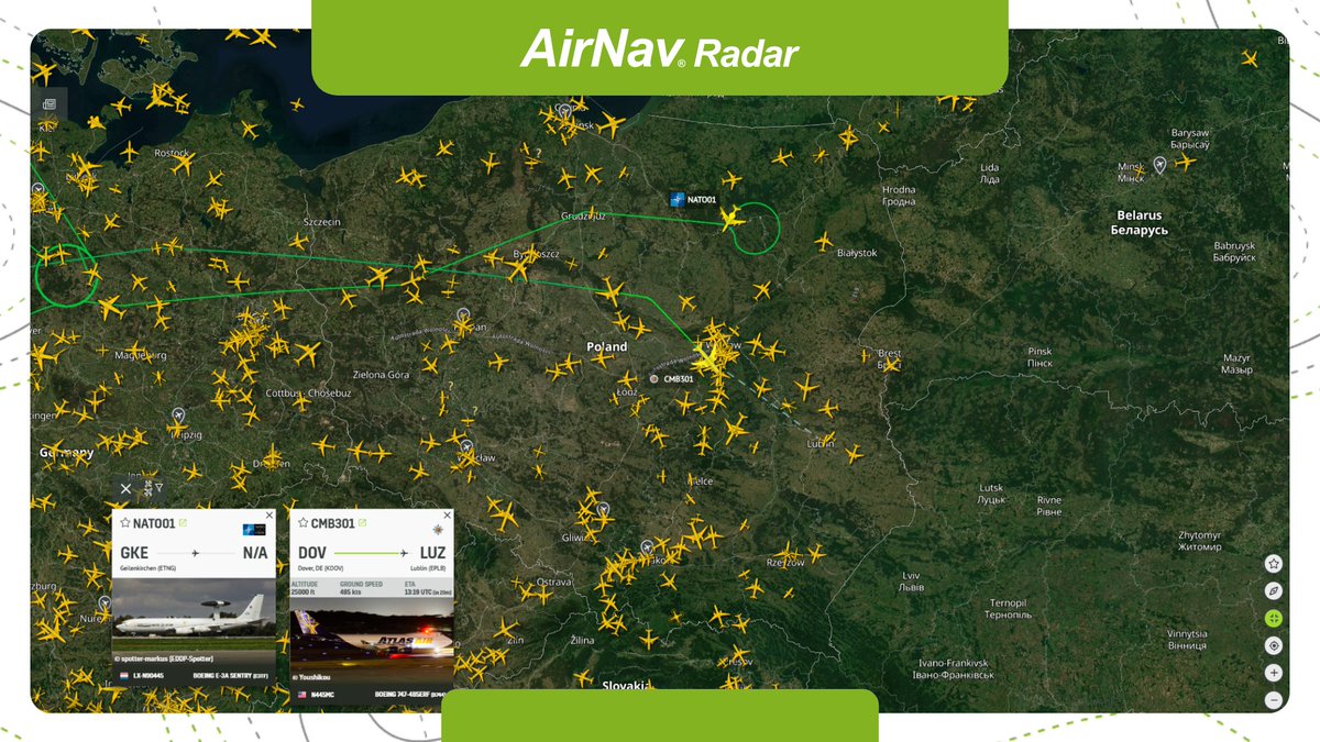 AirNavRadar's tweet photo. Everyone’s watching the skies 👀✈️
NATO001 patrolling over Poland and #CMB301 from US Transportation Command are currently the most-followed flights on our website and app!
Track live flights worldwide with our app today: https://t.co/5xZPwSumJI https://t.co/0JA4SRPFO6