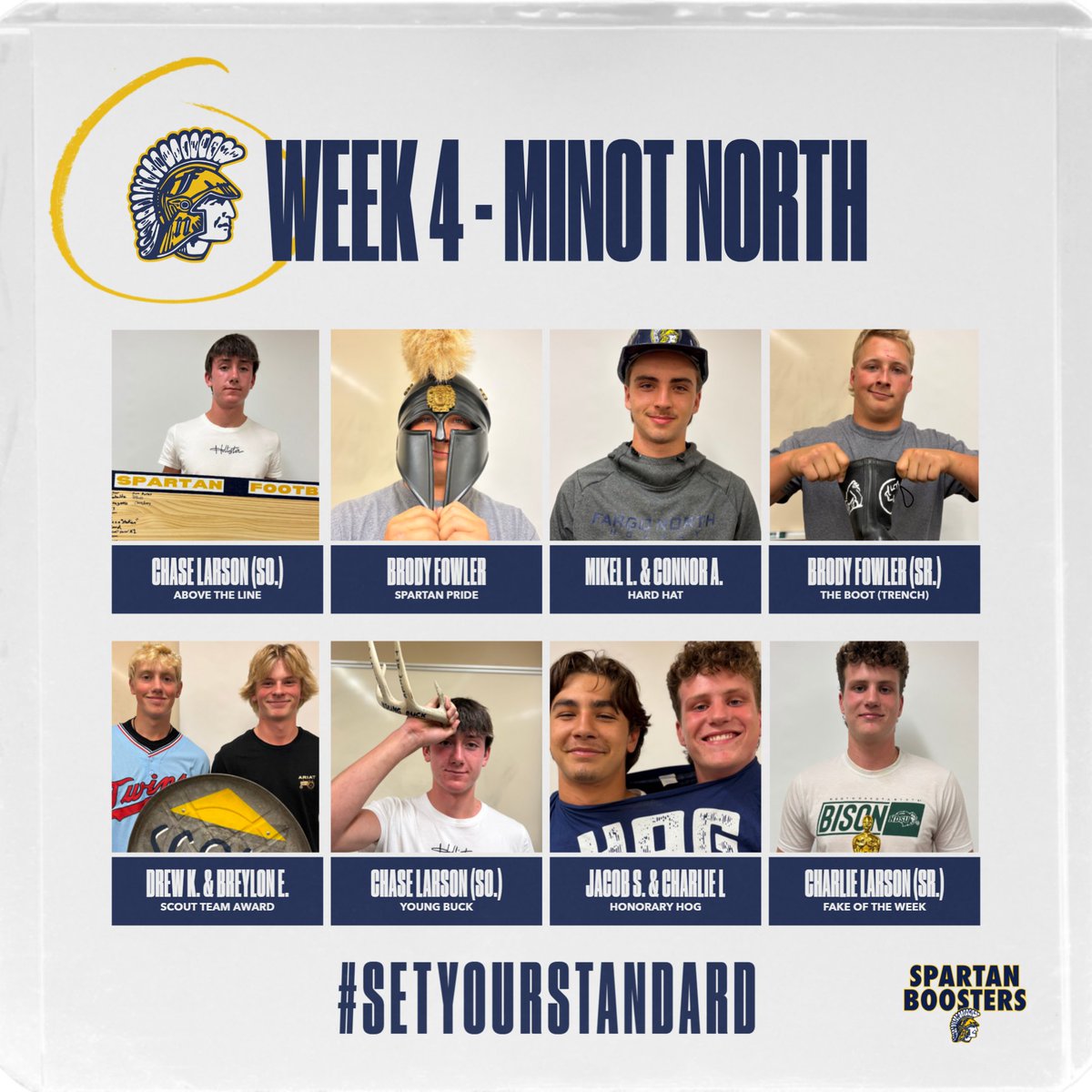 Week 4 - Minot North

Above the Line: Chase L. 
Spartan Pride - Brody F.
Hard Hat - Connor A. &amp; Mikel L. 
The Boot - Brody F. 
Scout Team - Drew K. &amp; Breylon E.
Young Buck - Chase L. 
Honorary Hogs - Jacob S. &amp; Charlie L.
FOTW - Charlie L.

#SetYourStandard #FN5GL #Sweepstakes