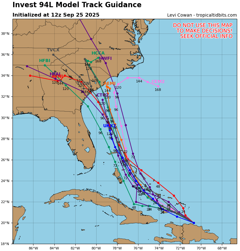 tropicalupdate's tweet photo. Some pretty big changes in the latest 12z Thursday spaghetti models. Latest here on https://t.co/3cvwpvWgRA. The trend is now become possible reality. Lots to watch with Invest 94 and future Imelda. Timing would be early next week impacts. https://t.co/Hk3pbO84Yf https://t.co/e4qeRlxL1g