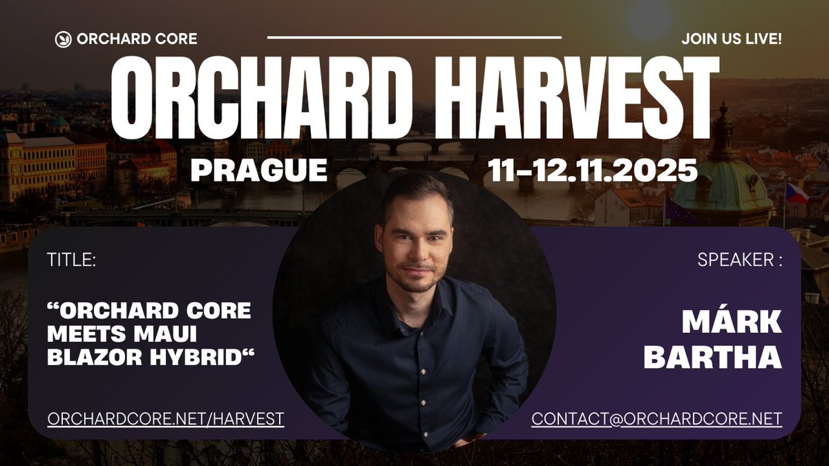 First time speaker at the Orchard Harvest Conference: <a href="/barthamark/">Márk Bartha</a>. His topic:
"In this session, we’ll explore how Orchard Core can power not only websites but also cross-platform apps."
Get your ticket here: tickettailor.com/events/lombiqt…