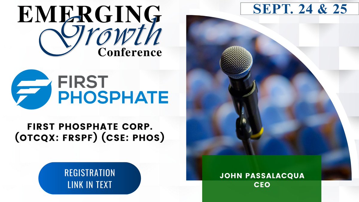 $FRSPF $PHOS Live Emerging Growth Conference in 30 minutes
<a href="/FirstPhosphate/">First Phosphate Corp</a> 

Live Stream:
goto.webcasts.com/starthere.jsp?…

Questions for the Company? Questions@EmergingGrowth.com

Presenting Today:
$SBC
$AUTR
$FRSPF $PHOS
$TIVC
$QQCMF $QQQ
$IMRFF $IMR
$STKXF $SKP
$VANI
$LCTC
$JAGX
$OMEX