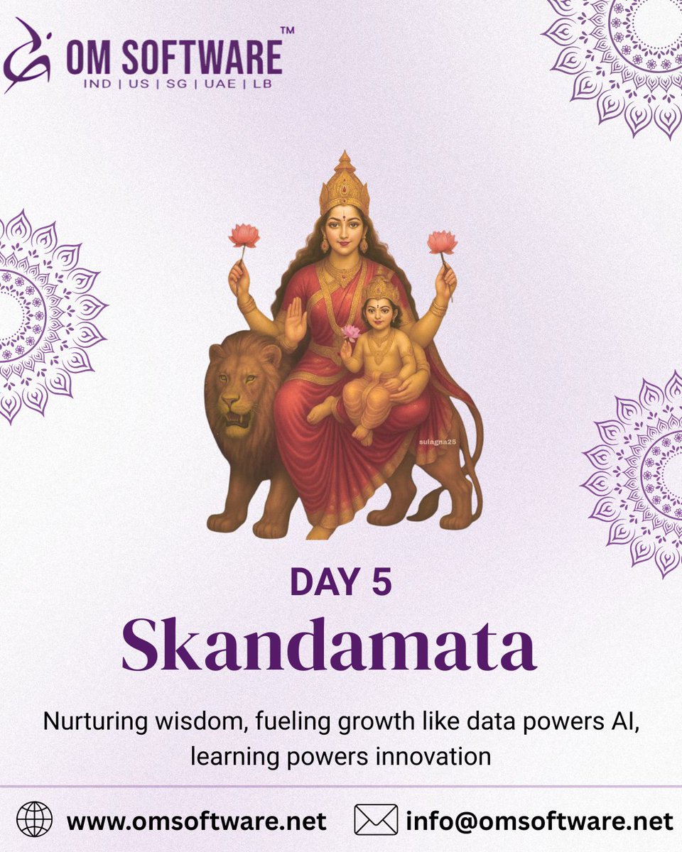 omsoftware's tweet image. Day 5 of #Navratri2025 🌸
Maa Skandamata reminds us of nurturing &amp;amp; growth ✨
Just as data fuels AI, continuous learning fuels innovation 💻
👉 Nurture ideas like data nurtures intelligence.
#day5  #TechWithCompassion #InnovationWithCare