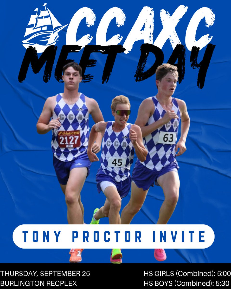 🔷🔷IT'S A #CCAXC MEET DAY🔷🔷

🎽 Tony Proctor Invite 
📍 Burlington RecPlex 
⏰ HS Girls: 5pm | HS Boys: 5:30pm