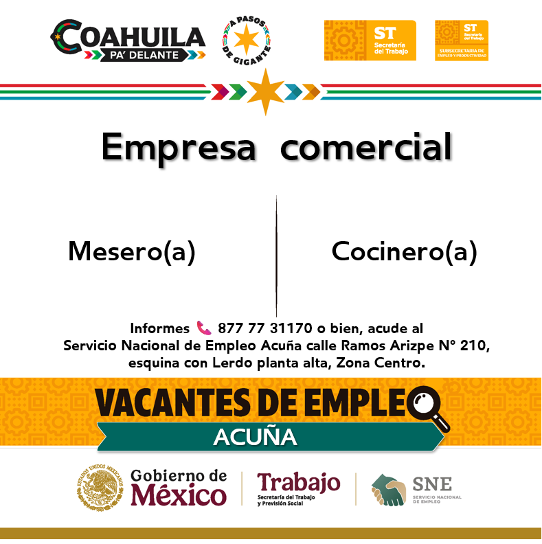 SNEACUNA's tweet photo. 📢Vacante de empleo en #RegiónNorte  💼🔎 
#Acuña
📌 Servicio de Empleo Coahuila #Acuña
 📍 Dirección: Ramos Arizpe N° 210 esq. con Lerdo, planta alta, Zona Centro 
 📞 Informes: 877 7731170

Contáctanos hoy mismo.  🙌

#CoahuilaPaDelante #APasosDeGigante #SNEparaTodos https://t.co/gZmMcvAf3N