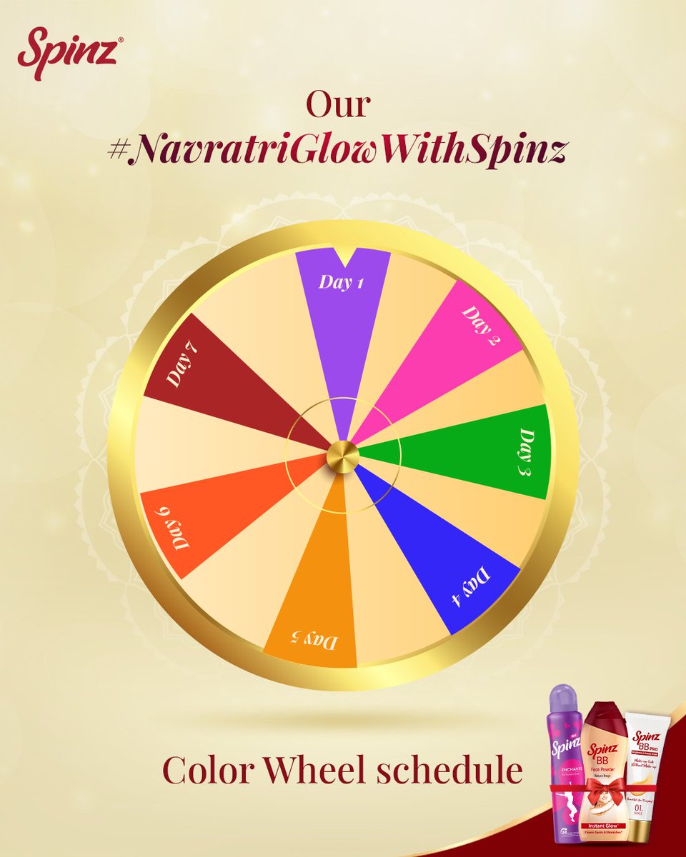 SpinzIndia's tweet image. Presenting the #NavratriGlowWithSpinz Color Wheel where each day brings a new color vibe and a chance to shine.

Don’t forget to post your Look of the Day + drop your #SpinzGlowTip + tag @SpinzOfficial.

Five grand winners take home an exciting Spinz Glow Hamper!