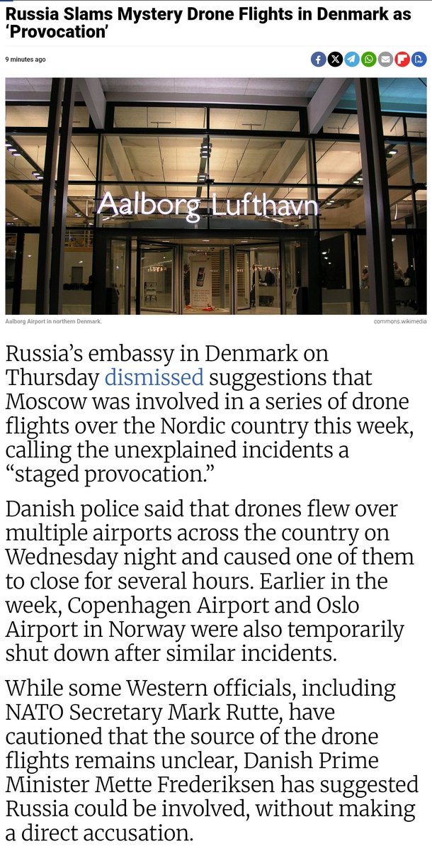 Denmark has spoken of a hybrid attack while discussing the drones which caused airport closures.

The PM and Defence Minister say it was carried out by a "professional actor", all but naming Russia. But of course Moscow denies it's to blame.

📸 <a href="/MoscowTimes/">The Moscow Times</a>