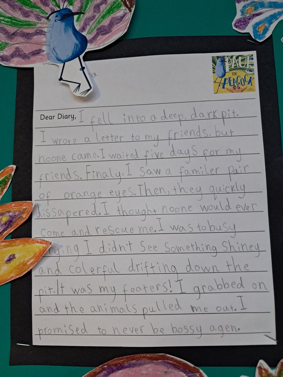 As part of our whole school text, Year 2 explored the  different emotions Paul the Peacock experienced whilst in the hole and after being saved by his friends. They wrote diary entries illustrating his thoughts and emotions before making a promise to be kind.