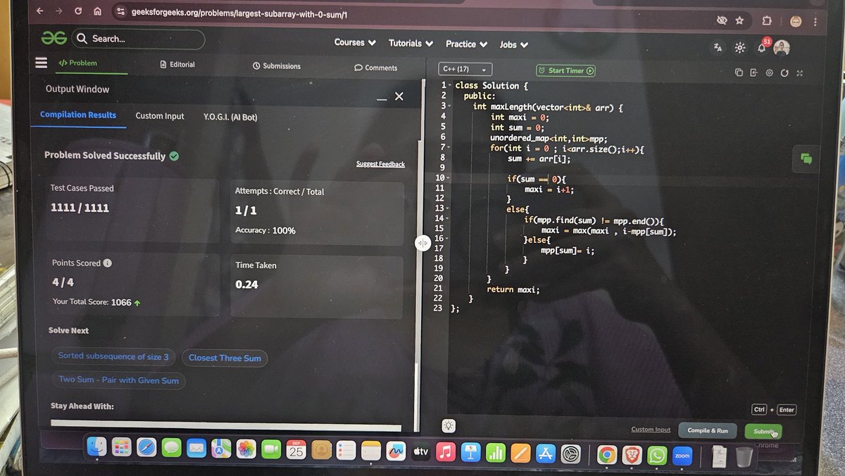 ShrutiSing2007's tweet image. Just cracked the Largest Subarray with Zero Sum on LeetCode! 💥
HashMap + Prefix Sum = 🔑 for these medium-level brain teasers.
Leveling up my DSA game, one subarray at a time! 🚀

#15DaysOfCode #LeetCode #DSA #HashMap #CodingJourney #TechLife #striver
