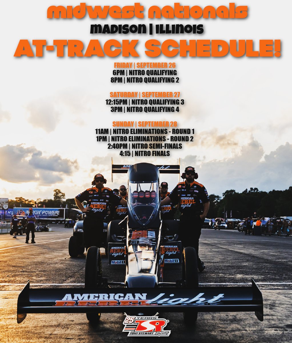 Here's when you can catch all the on-track action at the #MidwestNats. 

#TSRnitro | #NHRA | #Dodge | <a href="/TonyStewart/">Tony Stewart</a> | <a href="/MattHagan_FC/">Matt Hagan</a> | <a href="/AmericanRebel99/">American Rebel</a> | <a href="/AndyRossRebel/">Andy Ross</a>