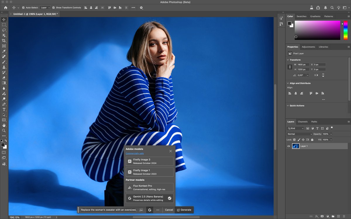 rufusd's tweet image. You can now make Generative Fill instructional edits with Google’s Nano Banana or Flux Kontext Pro in the Photoshop Beta!