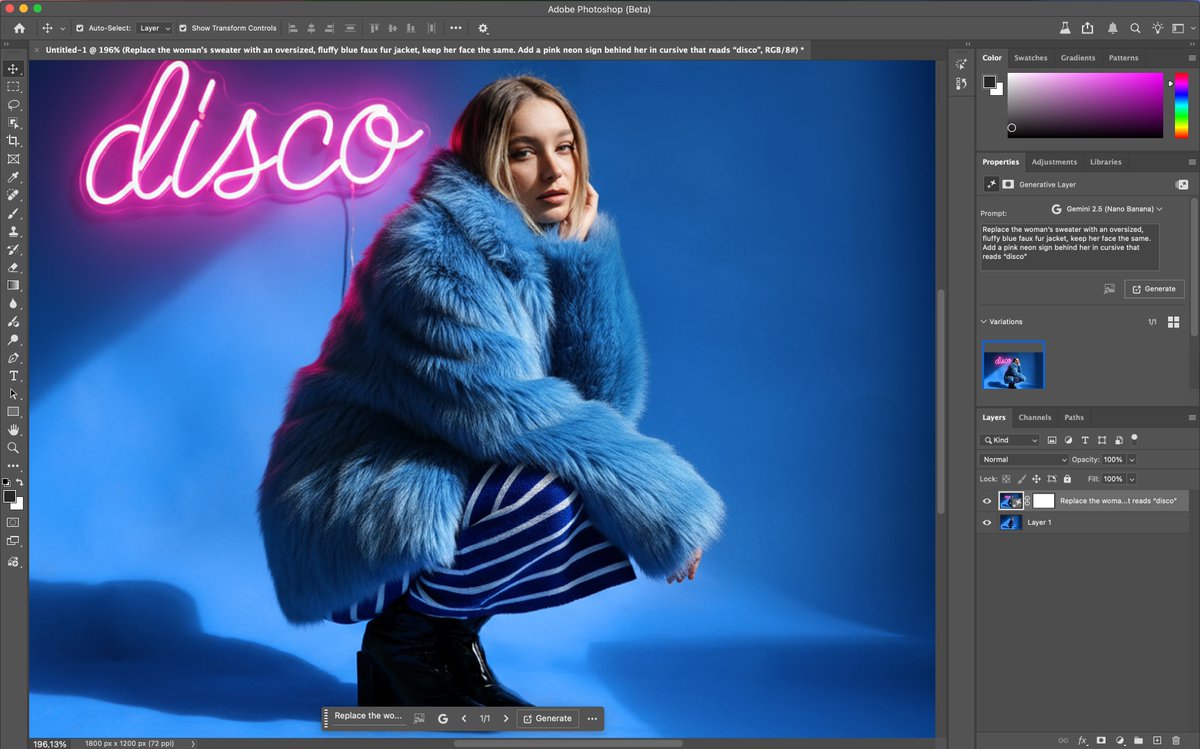 rufusd's tweet image. You can now make Generative Fill instructional edits with Google’s Nano Banana or Flux Kontext Pro in the Photoshop Beta!