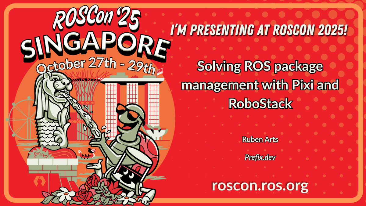 prefix_dev's tweet image. Interested in how Pixi will enhance the lives of ROS developers? Join our talk at #ROSCon2025!

Or come visit @rarts_ruby and @baszalmstra at the Startup Alley!

#ROSCON #Robotics @OpenRoboticsOrg