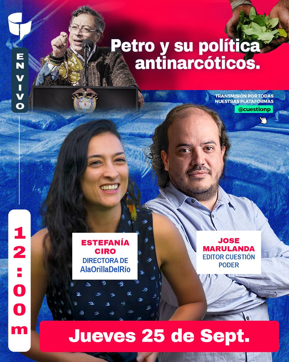 ¿Cuál es el alcance real de la política antinarcóticos del gobierno Petro? 🤔 HOY, a las 12:00 m ⏰, acompáñanos en un análisis #EnVivo con Estefanía Ciro (<a href="/CantoRodado/">cantorodado</a>), directora de <a href="/AlaorillaCaq/">AlaOrillaDelRío 🌿</a> 🔥. 👉 Conéctate por todas nuestras redes. ¡Pronto link de transmisión!