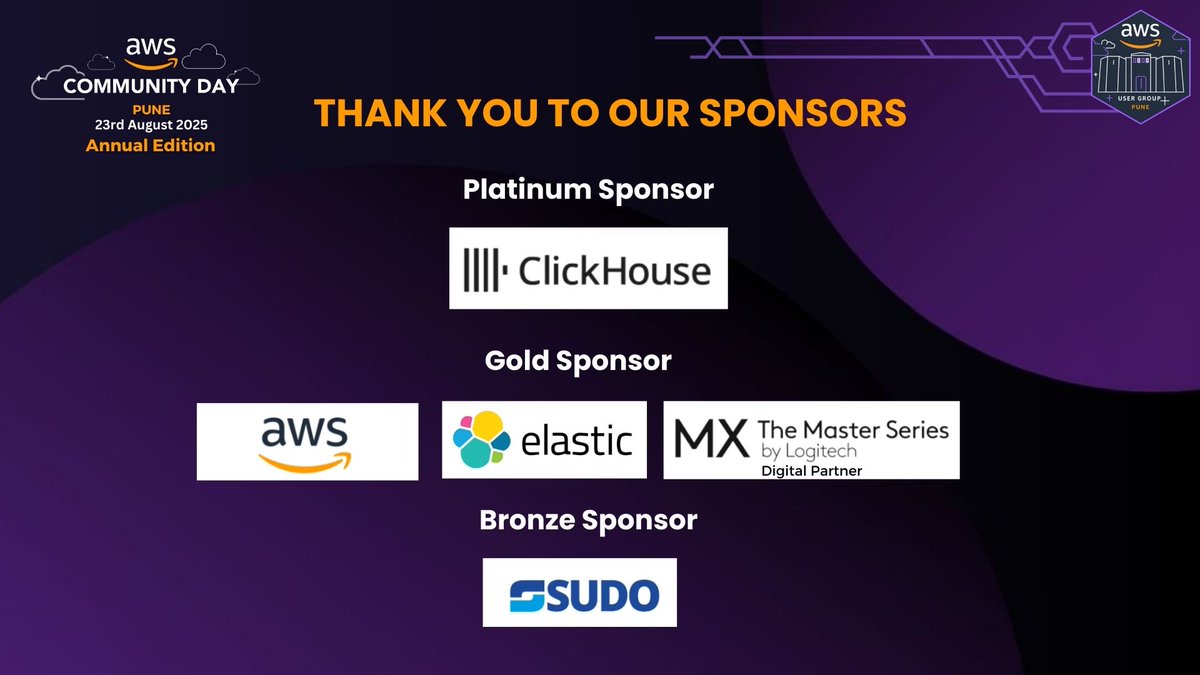 AWS User Group Pune (@awspune) on Twitter photo A huge thank you to our incredible Sponsors for making AWS Community Day Pune 2025 – Annual Edition a phenomenal success!
It was proudly supported by:
<a href="/ClickHouseDB/">ClickHouse</a>, Platinum Sponsor.
<a href="/awscloud/">Amazon Web Services</a>, <a href="/elastic/">Elastic</a> and <a href="/Logitech/">Logitech</a>, Gold Sponsors.
<a href="/SuDOConsultants/">SUDO Consultants</a>, Bronze Sponsor.
#awsugpune A huge thank you to our incredible Sponsors for making AWS Community Day Pune 2025 – Annual Edition a phenomenal success!
It was proudly supported by:
<a href="/ClickHouseDB/">ClickHouse</a>, Platinum Sponsor.
<a href="/awscloud/">Amazon Web Services</a>, <a href="/elastic/">Elastic</a> and <a href="/Logitech/">Logitech</a>, Gold Sponsors.
<a href="/SuDOConsultants/">SUDO Consultants</a>, Bronze Sponsor.
#awsugpune