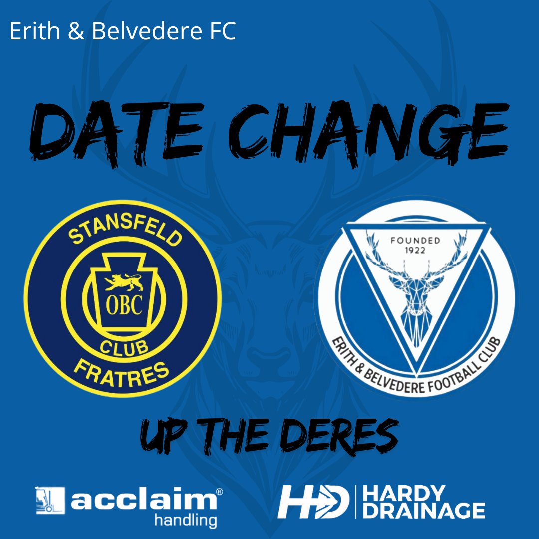 Erith & Belvedere FC (@ebthederes) on Twitter photo 📅📅DATE CHANGE📅📅
Our league fixture away to <a href="/StansfeldFC/">Stansfeld FC</a> will now take place on Wednesday 1st October 2025, the game was due to be played on Saturday 4th October 2025
Game will be a 7.45pm kick off
#UptheDeres 📅📅DATE CHANGE📅📅
Our league fixture away to <a href="/StansfeldFC/">Stansfeld FC</a> will now take place on Wednesday 1st October 2025, the game was due to be played on Saturday 4th October 2025
Game will be a 7.45pm kick off
#UptheDeres